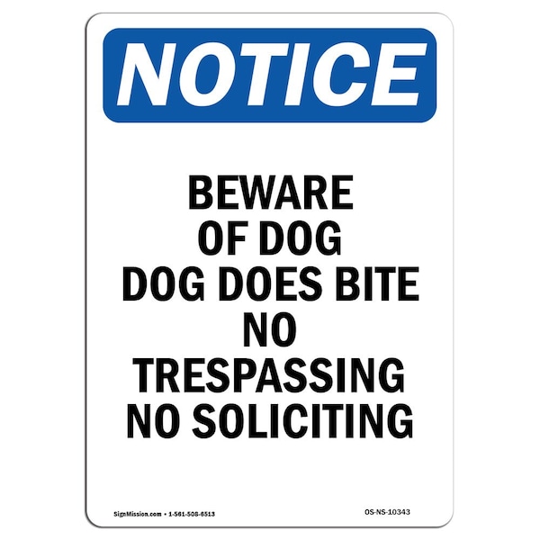 Safety Sign, OSHA Notice, 5" Height, Beware Of Dog Dog Does Bite No Sign, Portrait, 10PK